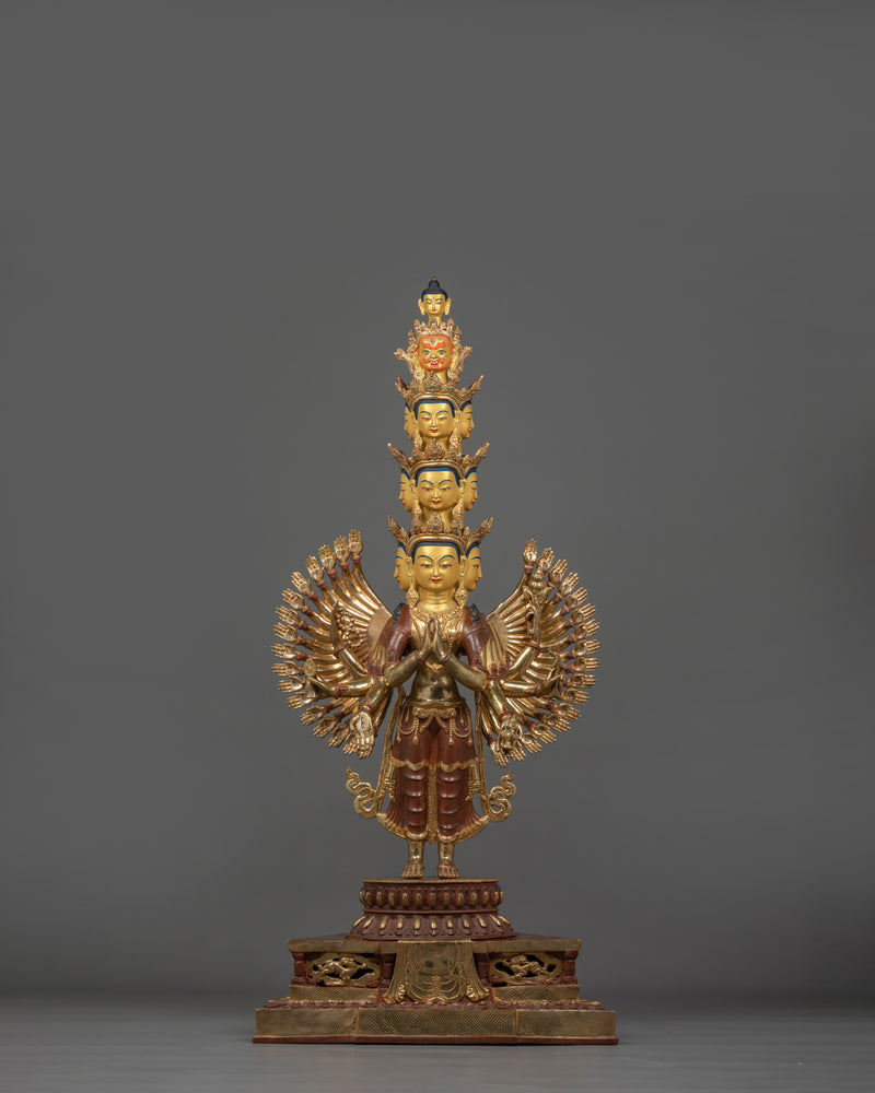 Thousand Armed Chenrezig Sculpture | 24K Gold Gilded Copper Artwork