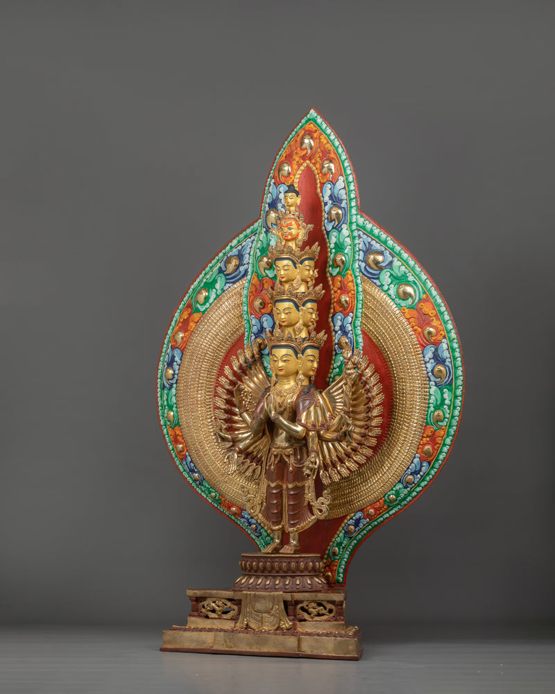 Thousand Armed Chenrezig Sculpture | 24K Gold Gilded Copper Artwork