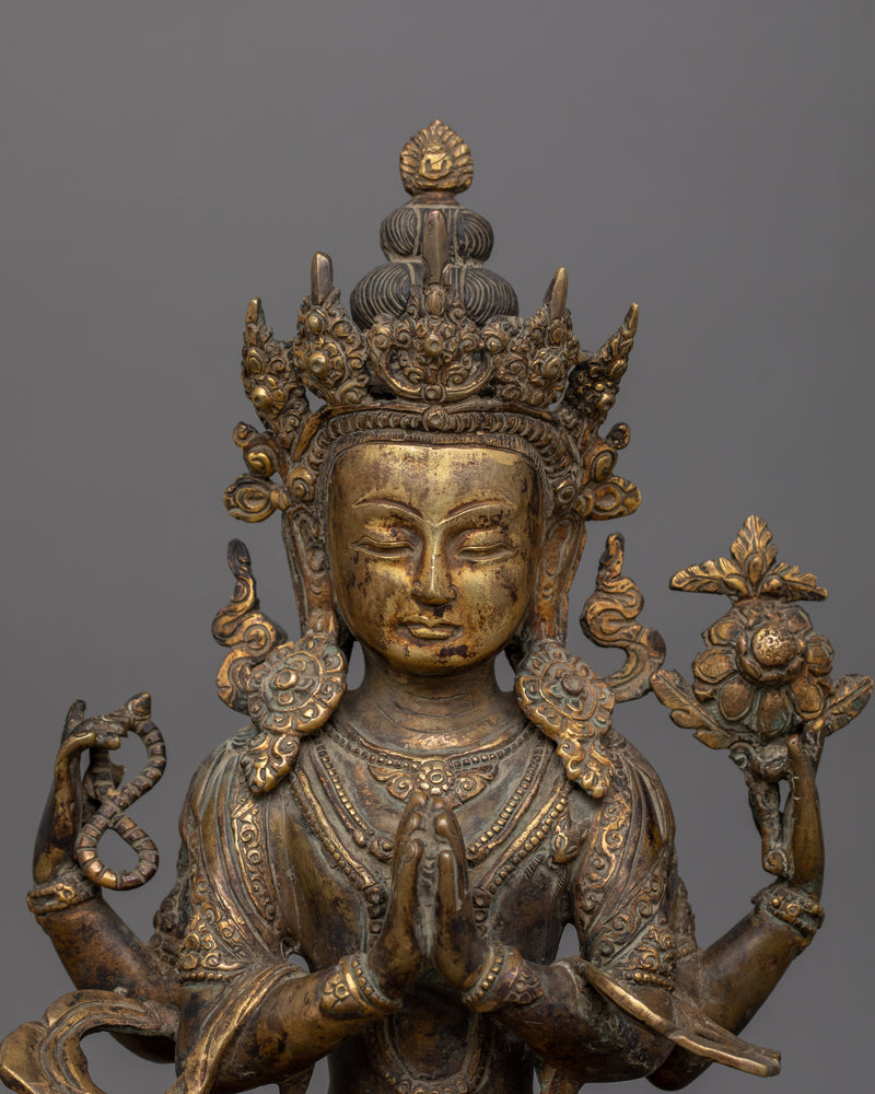 Handcrafted Antique Finished Chenrezig Statue | Four Armed Deity