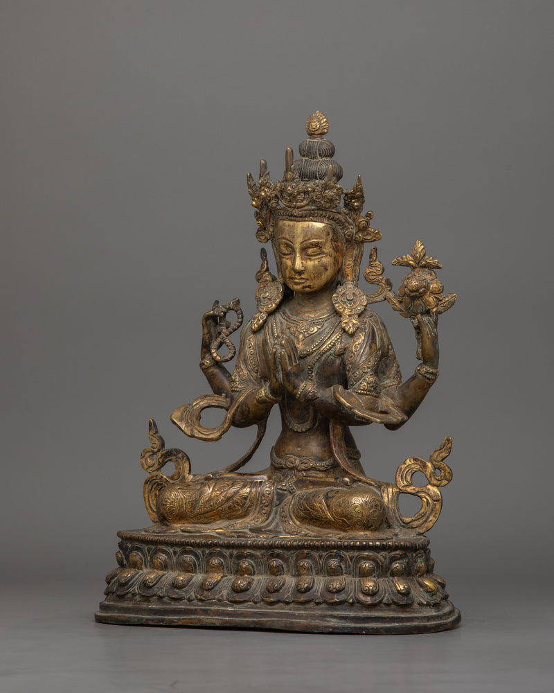 Handcrafted Antique Finished Chenrezig Statue | Four Armed Deity