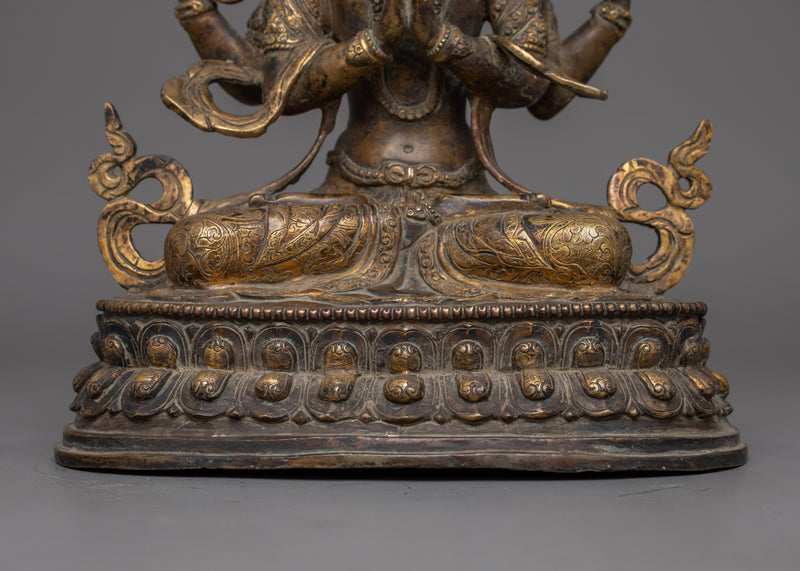 Handcrafted Antique Finished Chenrezig Statue | Four Armed Deity