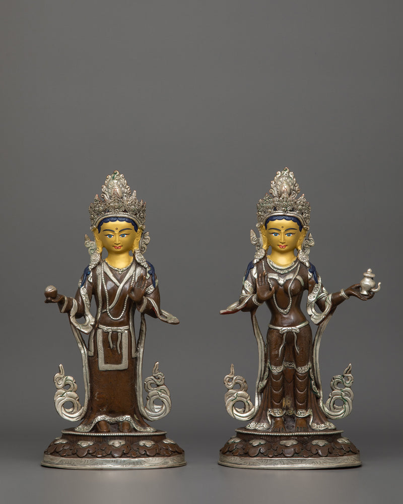 Guru Rinpoche With Two Consorts Statue | Oxidized Copper Body