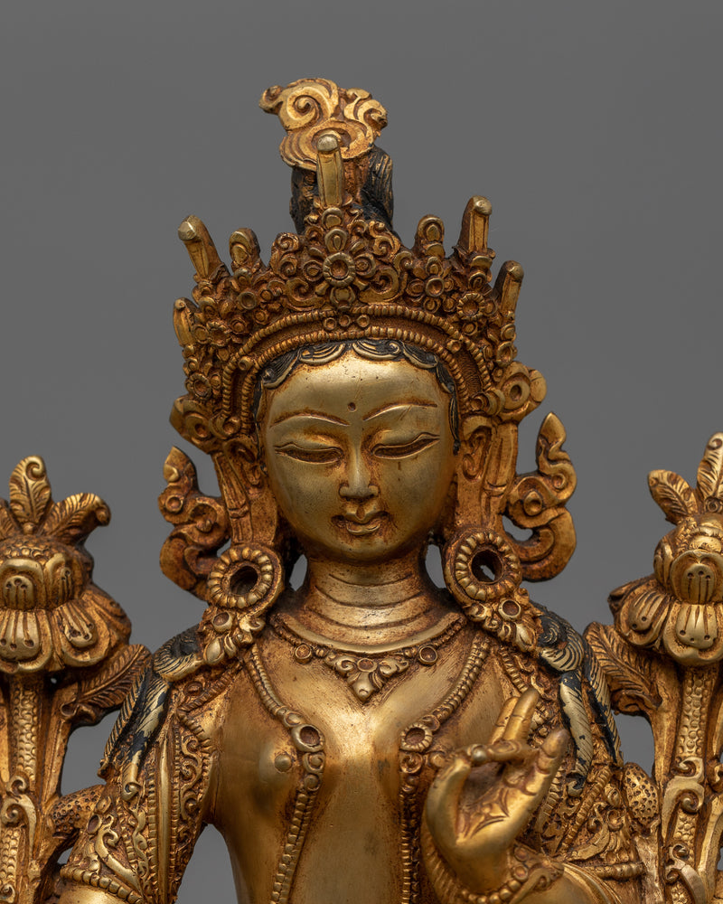 Sacred Sculpture of Buddhist Deity Green Tara | Goddess of Protection and Swift Aid