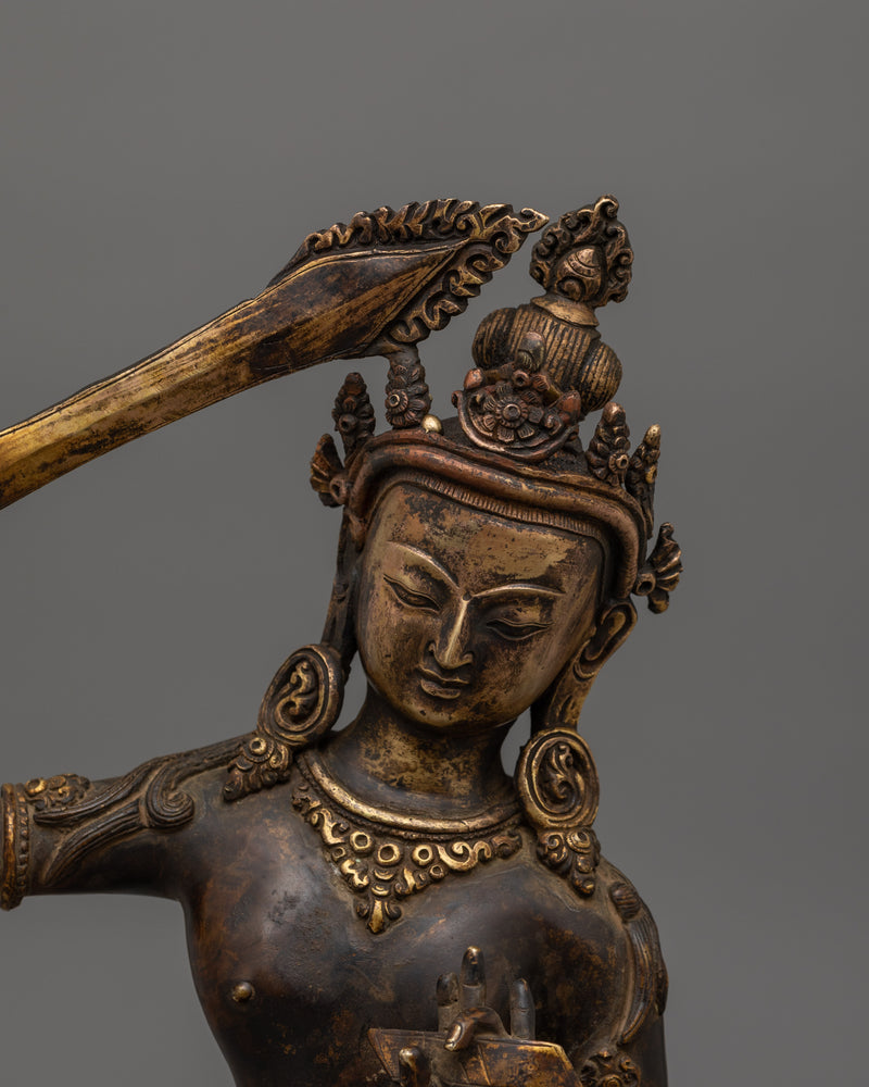 Antique Finished Manjushri Goddess Statue | 24K Gold Gilded Sculpture