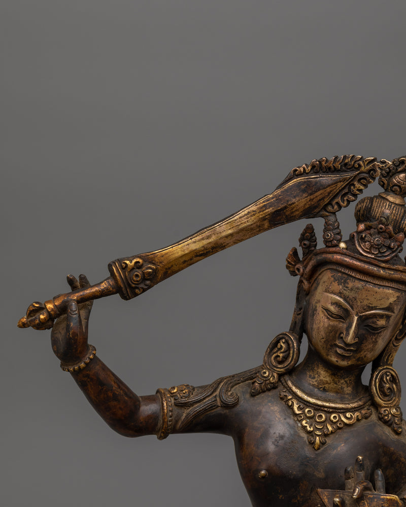 Antique Finished Manjushri Goddess Statue | 24K Gold Gilded Sculpture