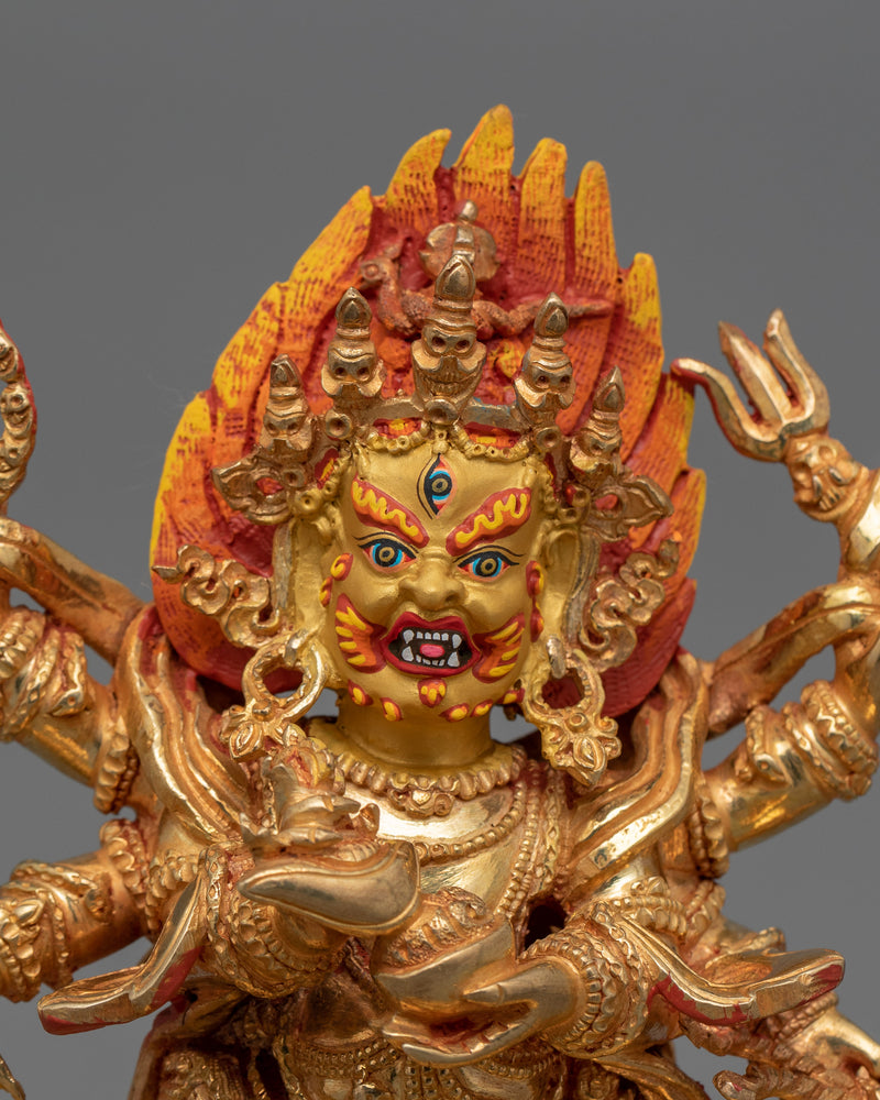 Dharma Protector Deity  Six Armed Mahakala Statue | 24K Gold Gilded Art