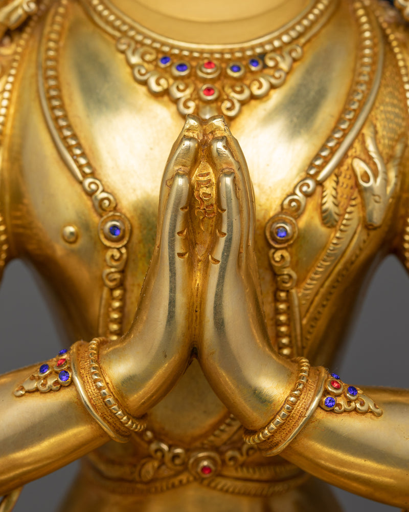 Handcrafted Sculpture of 4 Armed Chenrezig | 24K Gold Gilded