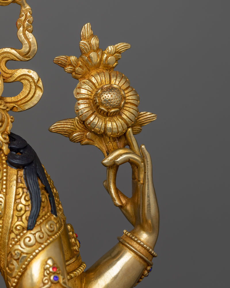 Handcrafted Sculpture of 4 Armed Chenrezig | 24K Gold Gilded