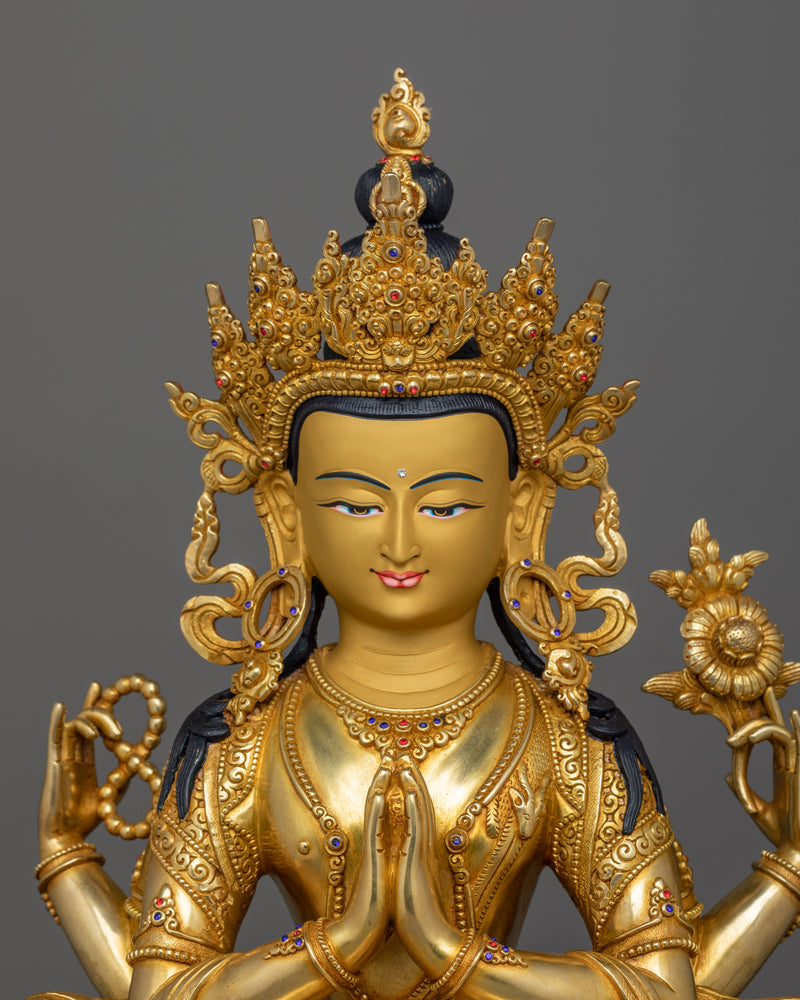 Handcrafted Sculpture of 4 Armed Chenrezig | 24K Gold Gilded