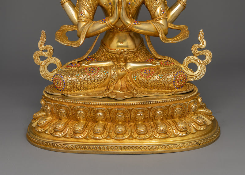 Handcrafted Sculpture of 4 Armed Chenrezig | 24K Gold Gilded