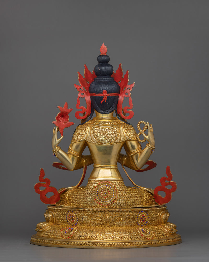 Handcrafted Sculpture of 4 Armed Chenrezig | 24K Gold Gilded