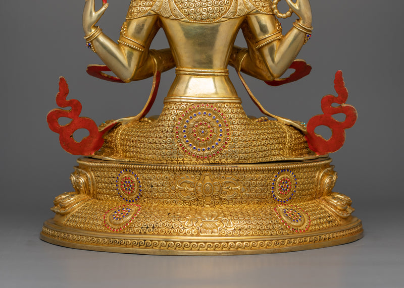 Handcrafted Sculpture of 4 Armed Chenrezig | 24K Gold Gilded