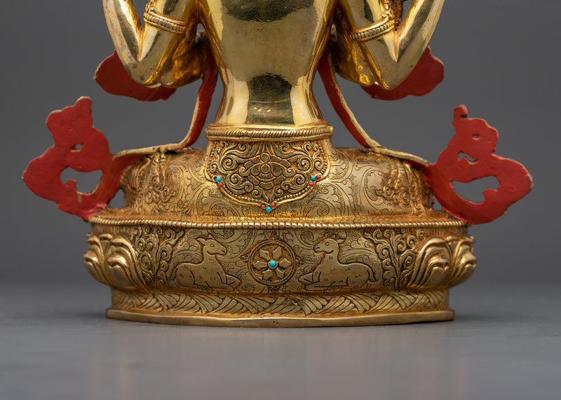 Tibetan Buddha Chenrezig Statue | 13.6 Inches 24K Gold Gilded Compassion Deity