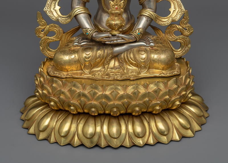 Amitayus Tibetan Buddha Statue |  Longevity and Wisdom in Silver and Gold