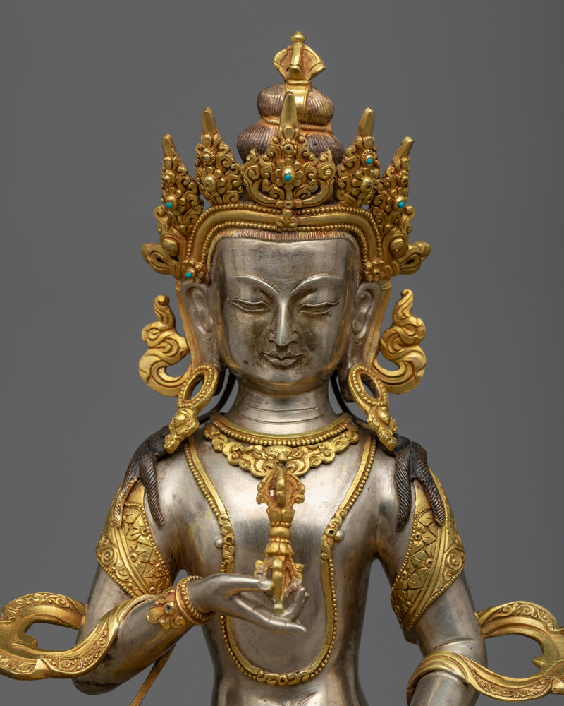 Vajrasattva Tibetan Statue |  Spiritual Elegance in Silver and Gold