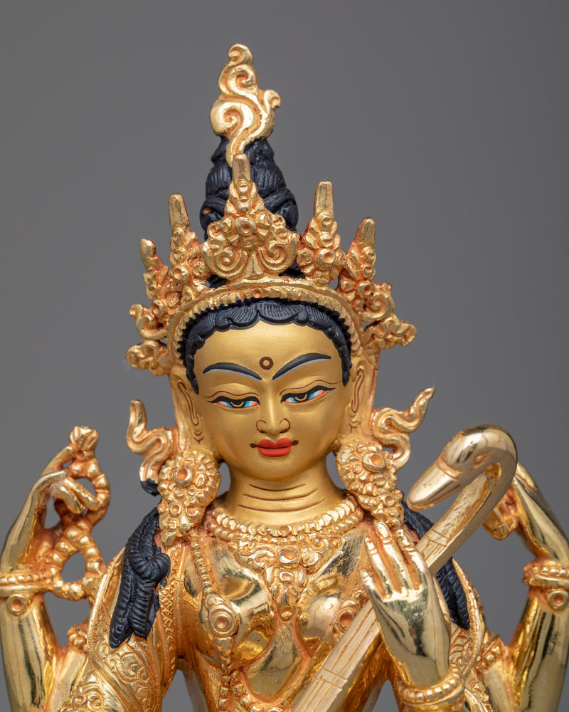 Gold Gilded Statue of Saraswati | Goddess of Knowledge