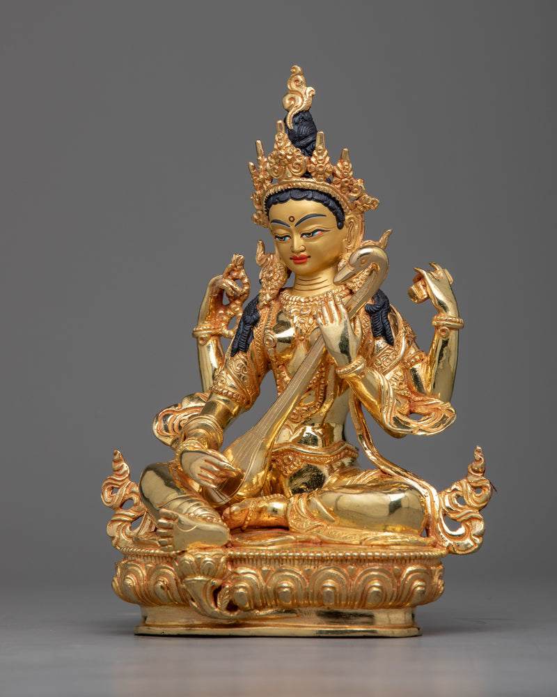 Gold Gilded Statue of Saraswati | Goddess of Knowledge