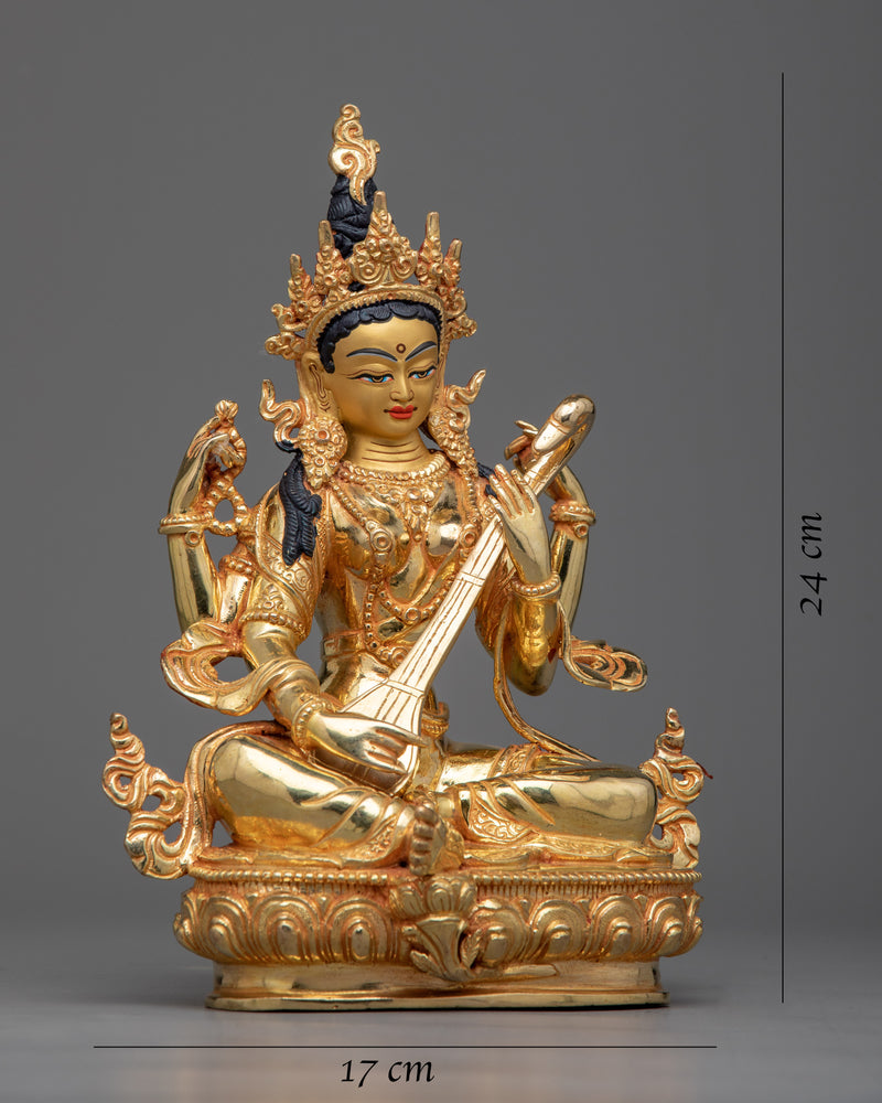 Gold Gilded Statue of Saraswati | Goddess of Knowledge