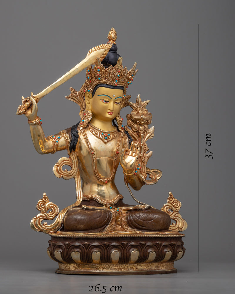 Manjushri Sadhana Statue | Exquisite 24k Gold Gilded Copper Masterpiece