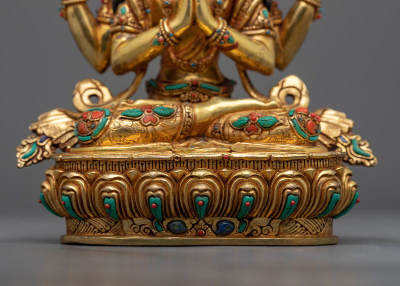 Four-Arm Chenrezig Sculpture | Elevate Your Shrine with our Gold Gilded Statue