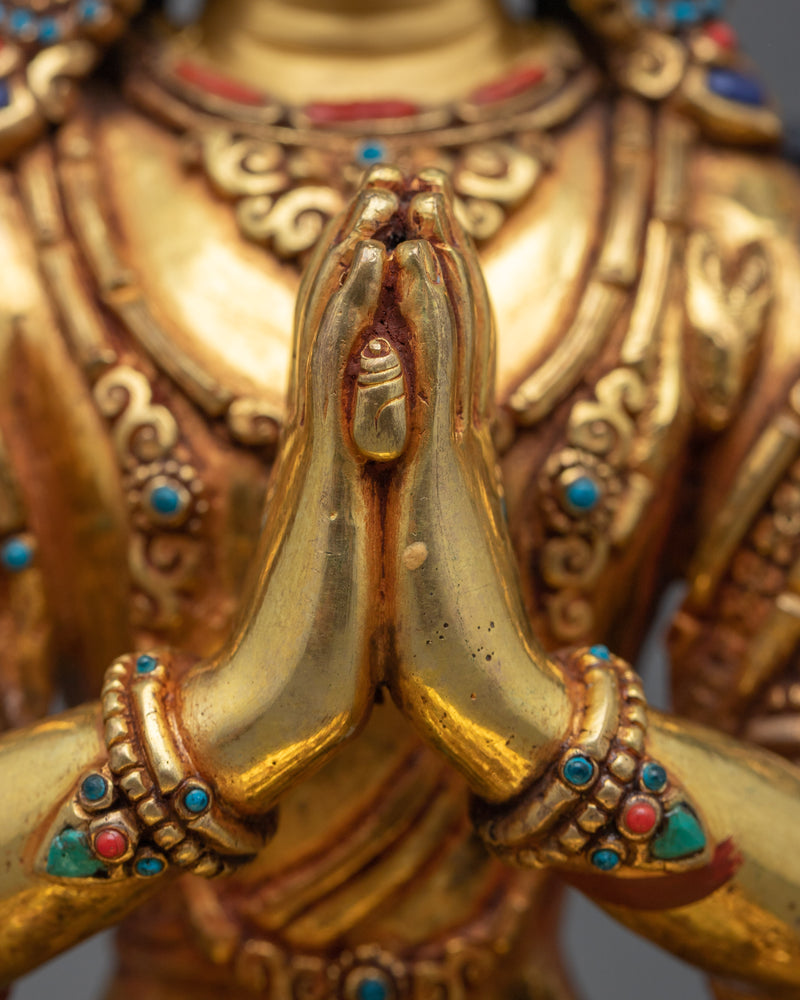 Four-Arm Chenrezig Sculpture | Elevate Your Shrine with our Gold Gilded Statue