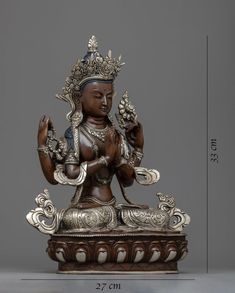 Chenrezig Silver Plated Statue | 12.9" Compassionate Deity of Bodhisattva