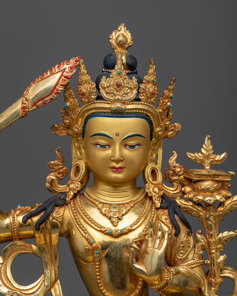 Manjushri Golden Statue | Handmade Figure of Wisdom Deity of Bodhisattva