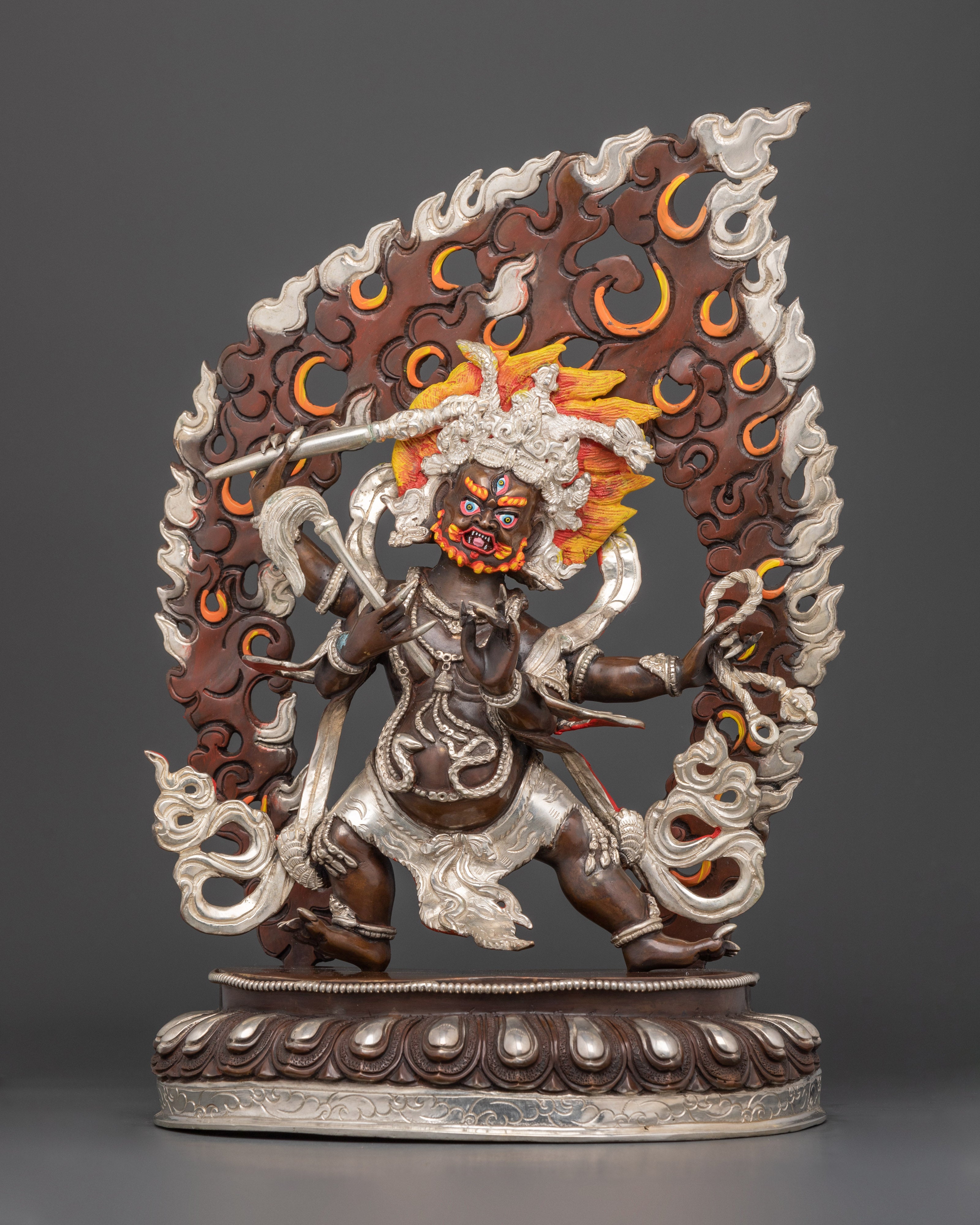 Sacred Four-Armed Mahakala Statue | Oxidized Copper Body with Acrylic