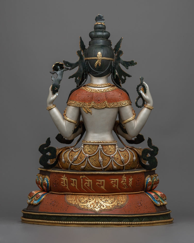 Four-Armed Chenrezig Painted Sculpture | Embodiment of Compassionate Enlightenment