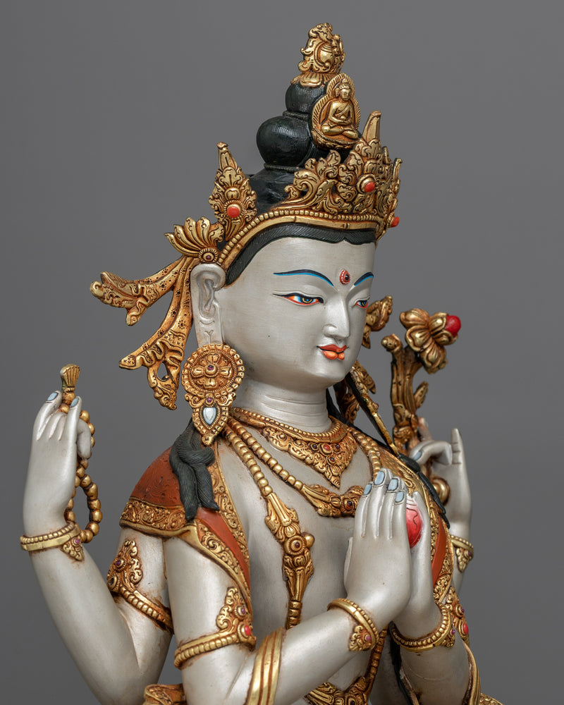 Four-Armed Chenrezig Painted Sculpture | Embodiment of Compassionate Enlightenment