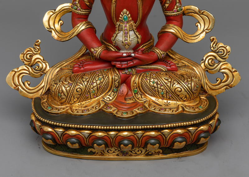 Red Amitayus Sculpture | 24K Gold Gilded Icon of Longevity