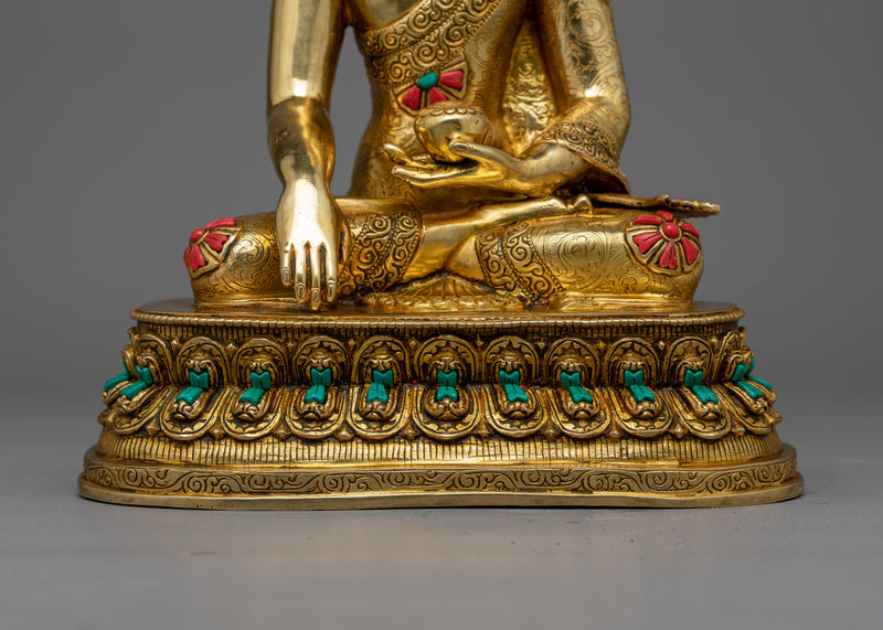 Regal Shakyamuni Buddha Golden Sculpture | Hand-carved Gemstone Detailing