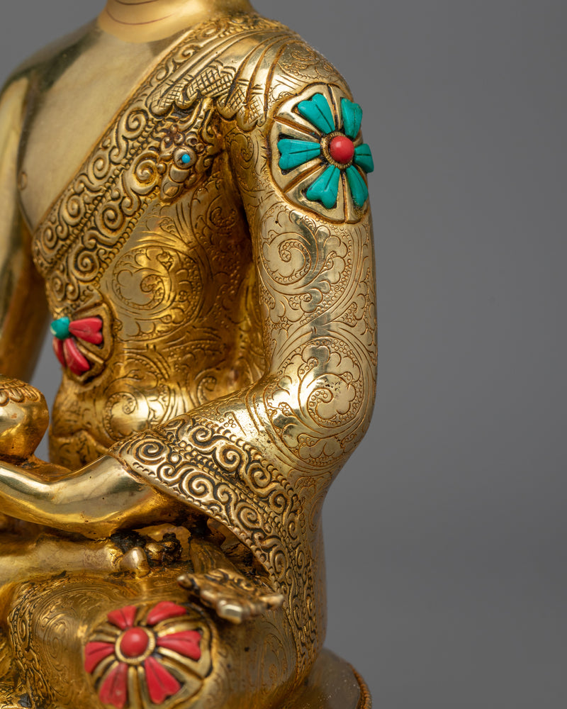 Regal Shakyamuni Buddha Golden Sculpture | Hand-carved Gemstone Detailing