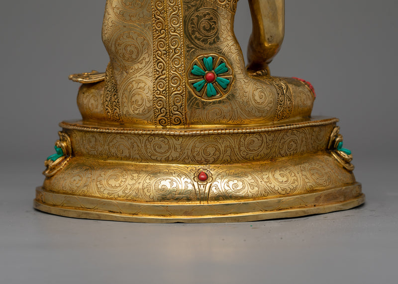 Regal Shakyamuni Buddha Golden Sculpture | Hand-carved Gemstone Detailing