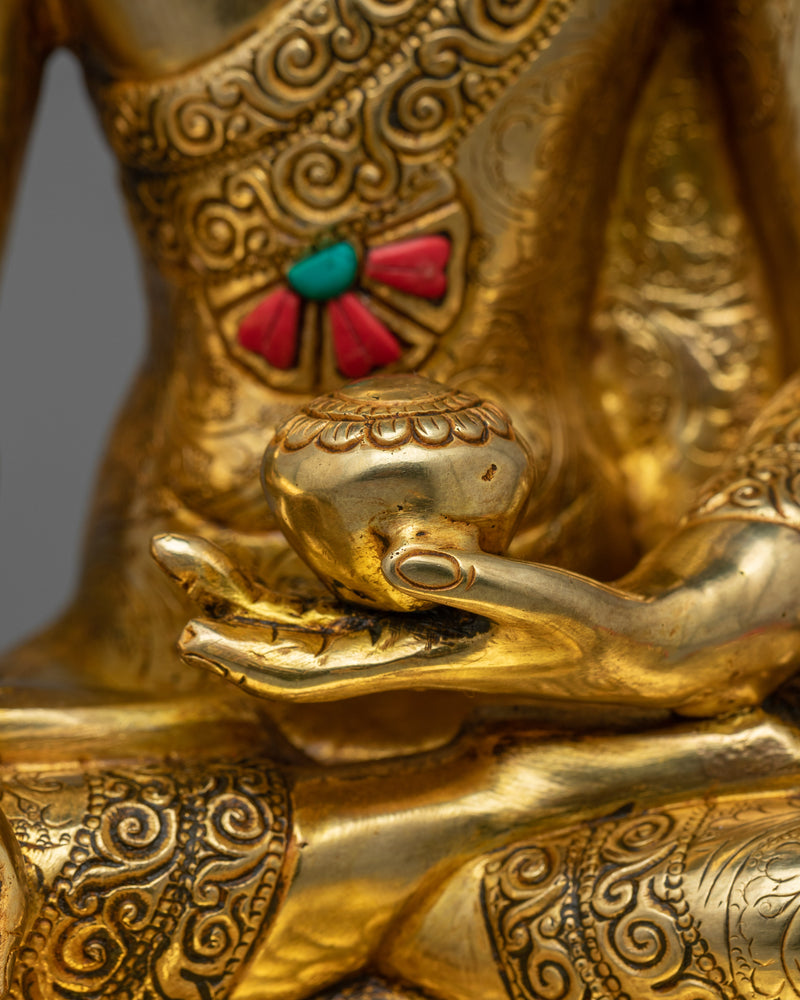 Regal Shakyamuni Buddha Golden Sculpture | Hand-carved Gemstone Detailing