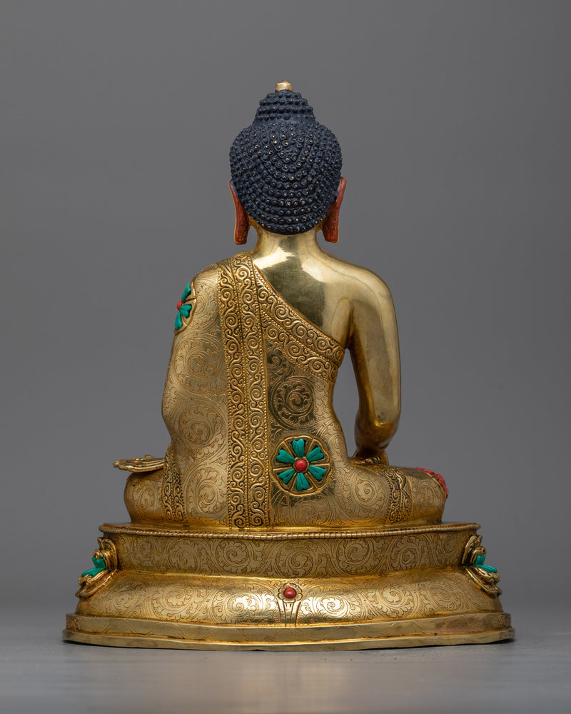 Regal Shakyamuni Buddha Golden Sculpture | Hand-carved Gemstone Detailing