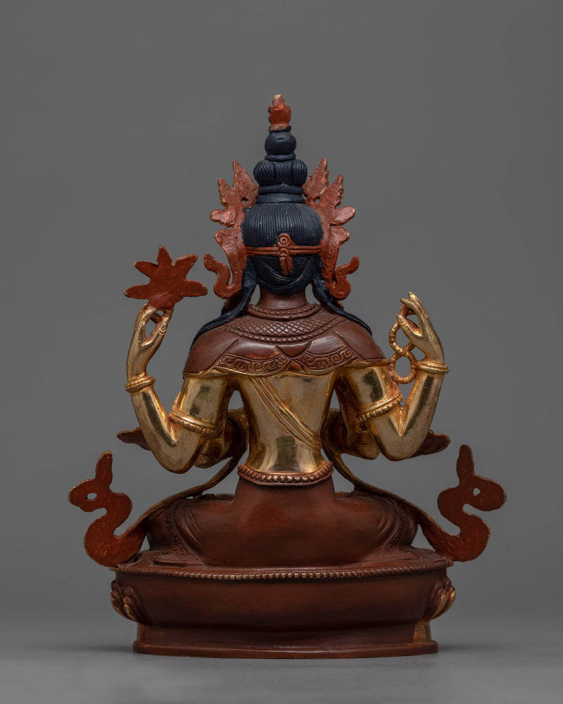 4-Armed Bodhisattva Chenrezig Statue | Gold Gilded Copper Art from Nepal