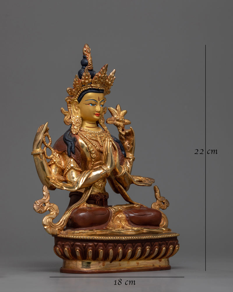 4-Armed Bodhisattva Chenrezig Statue | Gold Gilded Copper Art from Nepal