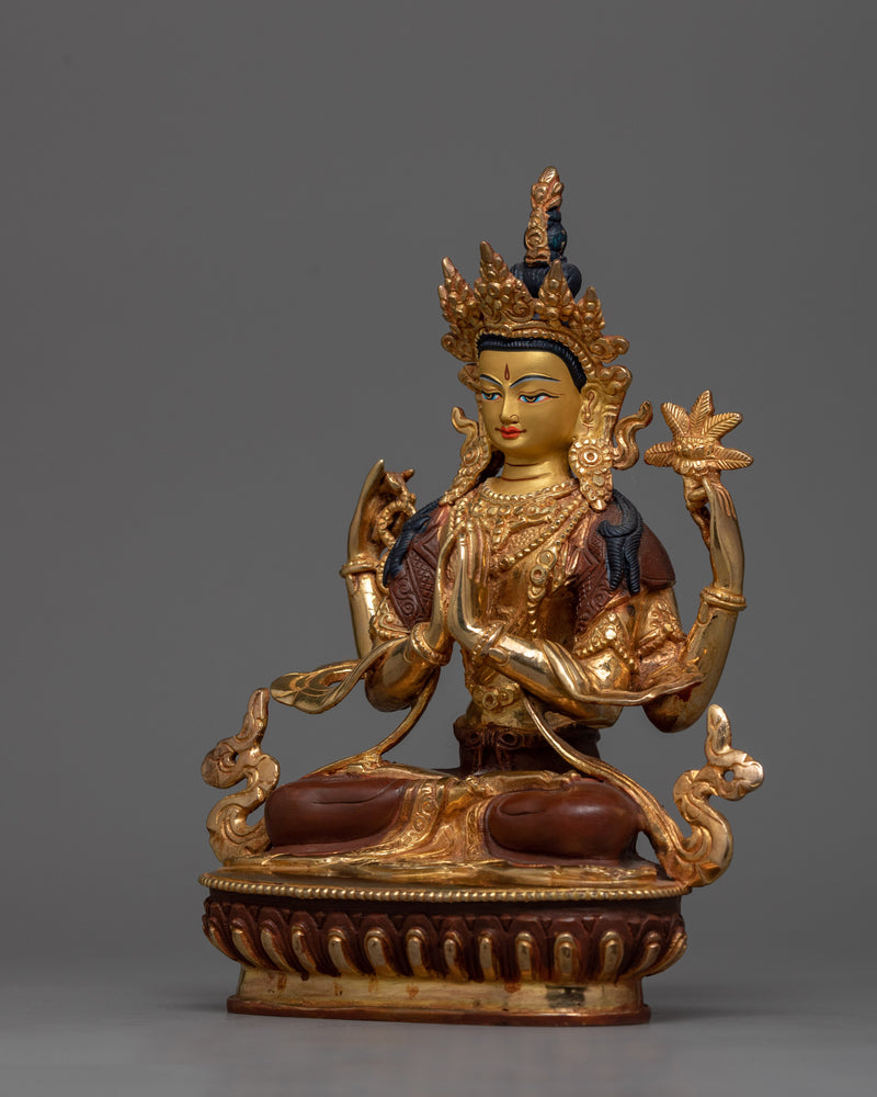 4-Armed Bodhisattva Chenrezig Statue | Gold Gilded Copper Art from Nepal