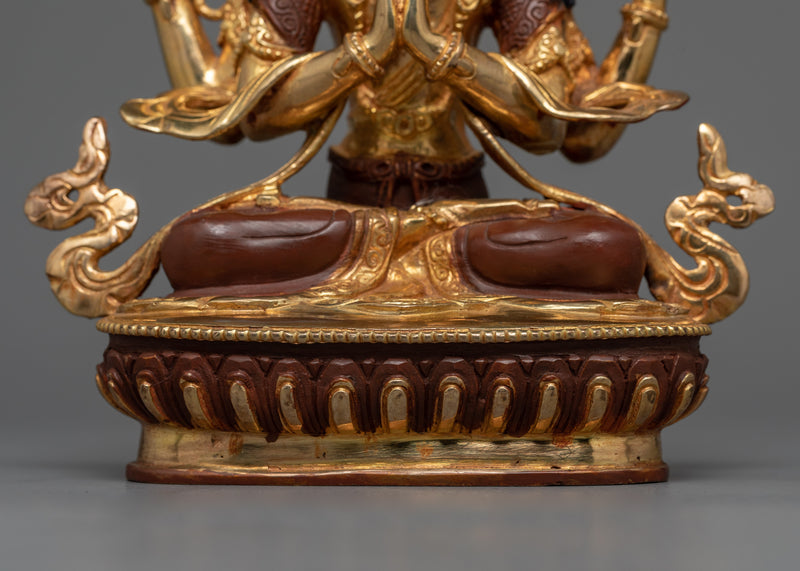 4-Armed Bodhisattva Chenrezig Statue | Gold Gilded Copper Art from Nepal