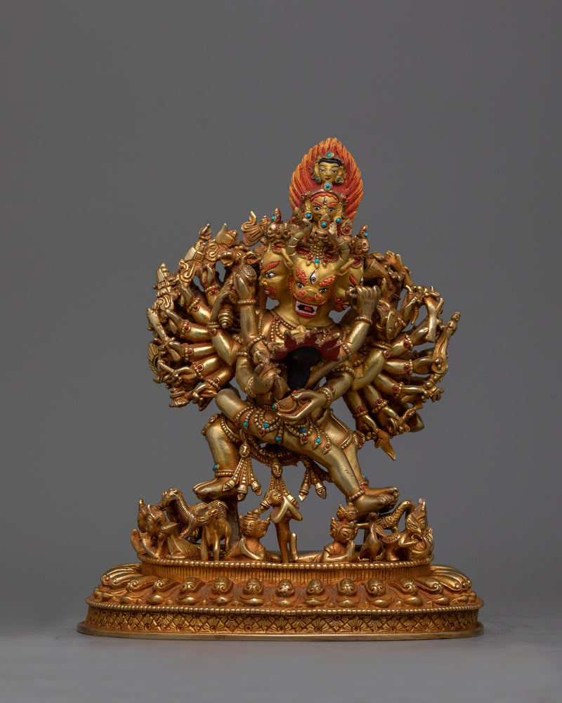 Intricate Yamantaka with Consort Figurine | Gold Gilded Copper Art from Nepal