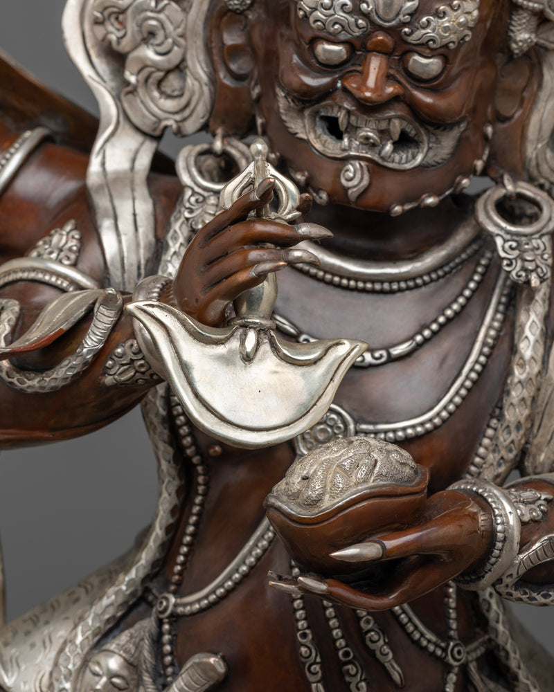 Large Six Armed Mahakala Statue | Handmade Oxidized Copper and Silver Plated Figure of Buddhist Protector