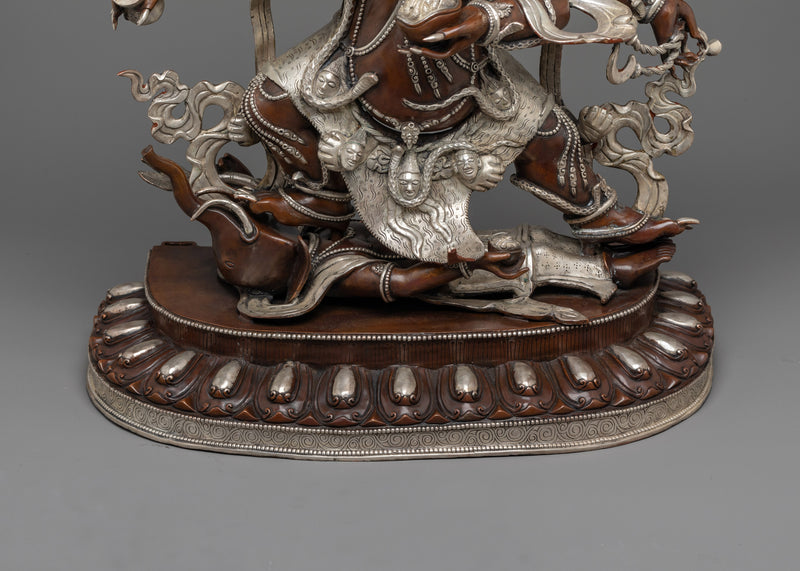 Large Six Armed Mahakala Statue | Handmade Oxidized Copper and Silver Plated Figure of Buddhist Protector