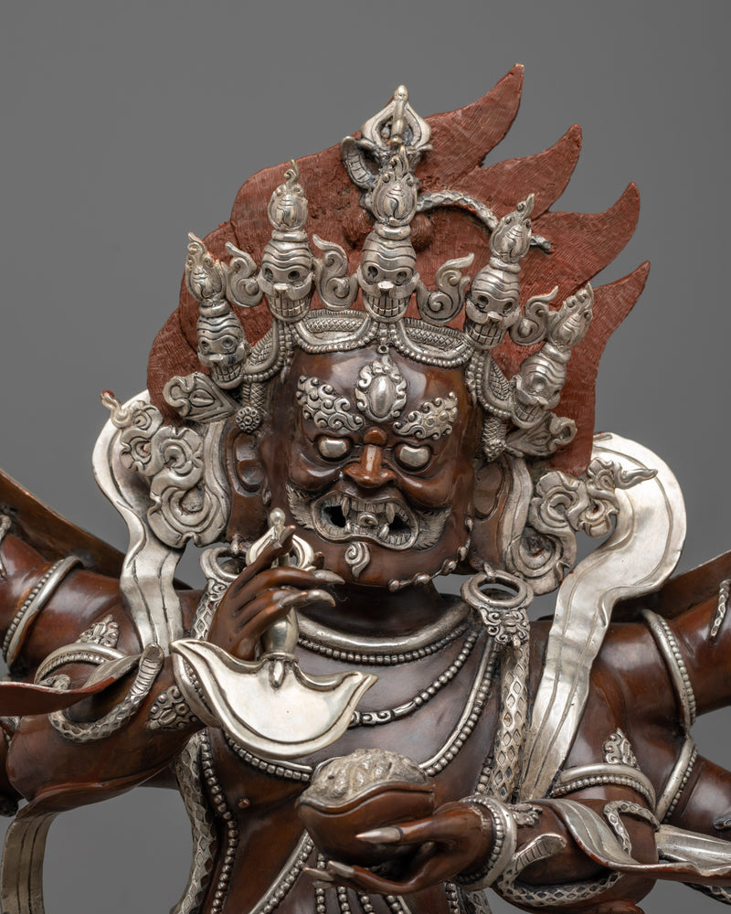 Large Six Armed Mahakala Statue | Handmade Oxidized Copper and Silver Plated Figure of Buddhist Protector