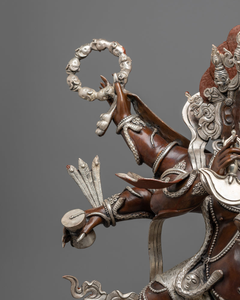 Large Six Armed Mahakala Statue | Handmade Oxidized Copper and Silver Plated Figure of Buddhist Protector