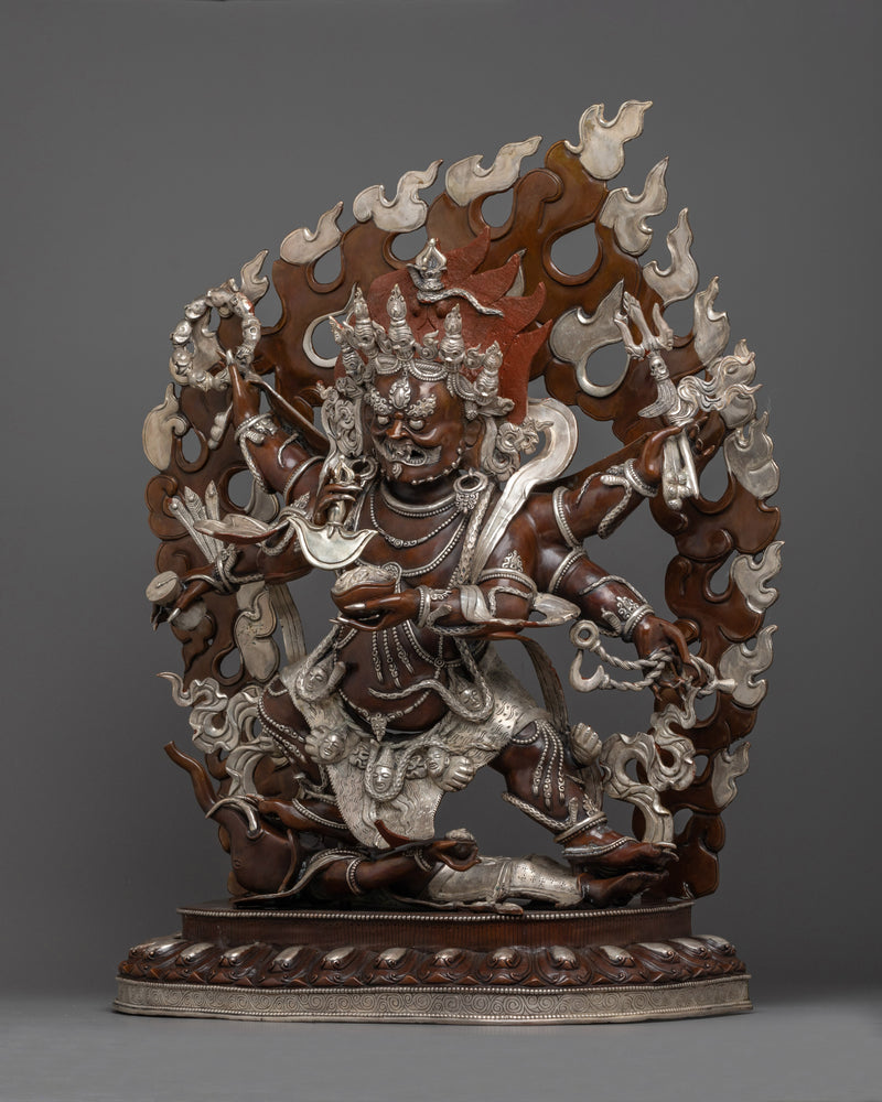 Large Six Armed Mahakala Statue | Handmade Oxidized Copper and Silver Plated Figure of Buddhist Protector