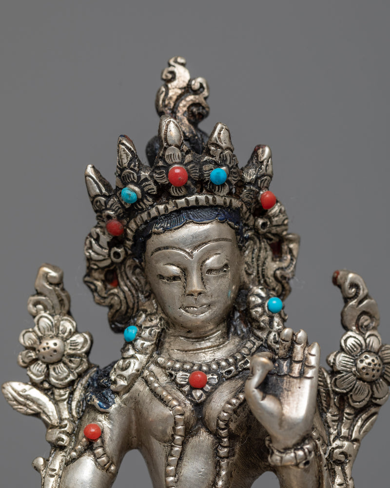 Machine-Made White Tara Statue | Silver Electroplated Copper Sculpture