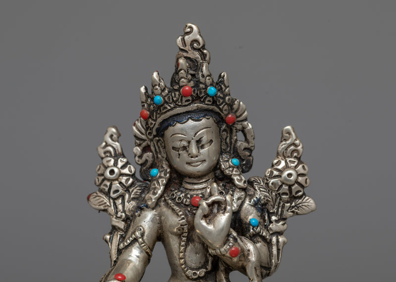 Machine-Made Green Tara Sculpture | Antique Finished Silver-Copper Statue