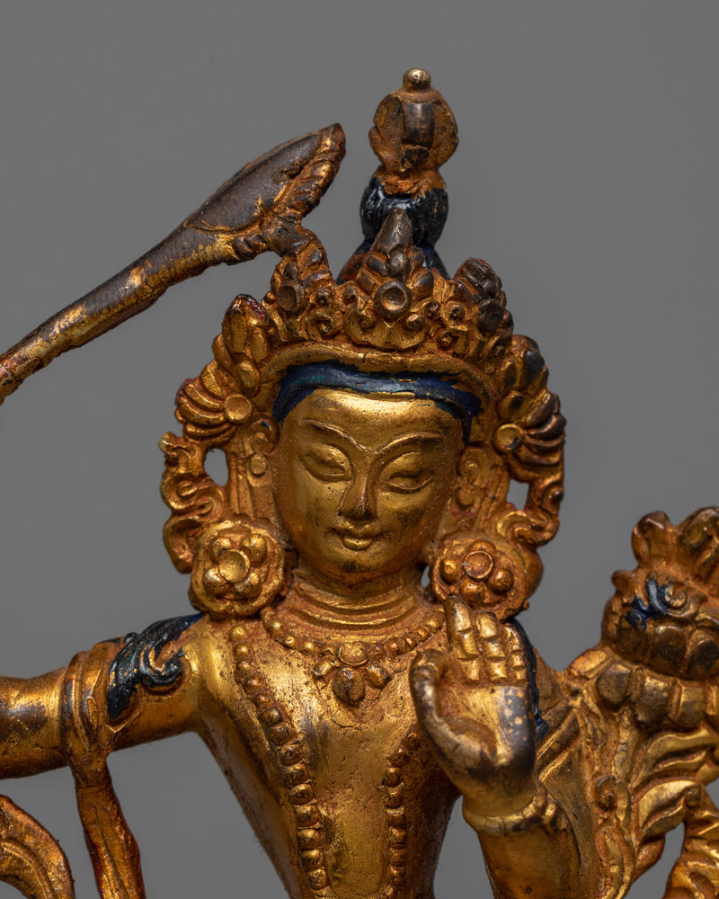 Machine-Made Manjushri Sculpture | Antique Finished Gold-Copper