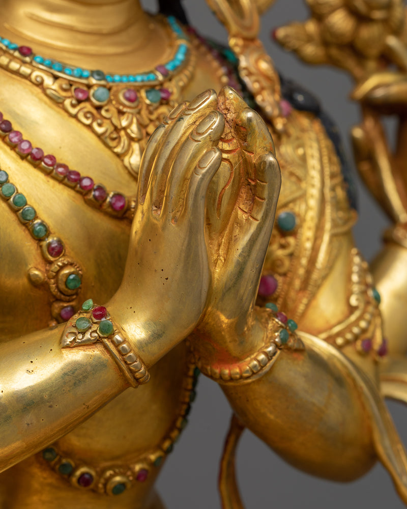 24K Gold Gilded Chenrezig For The Shrine | Compassionate Deity Avalokiteshvara